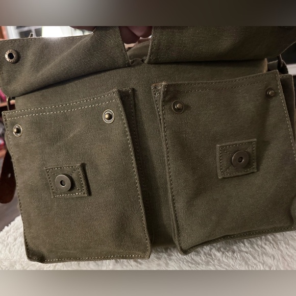 Military Green Canvas Crossbody Bag with Brown Leather Straps - Picture 6 of 11